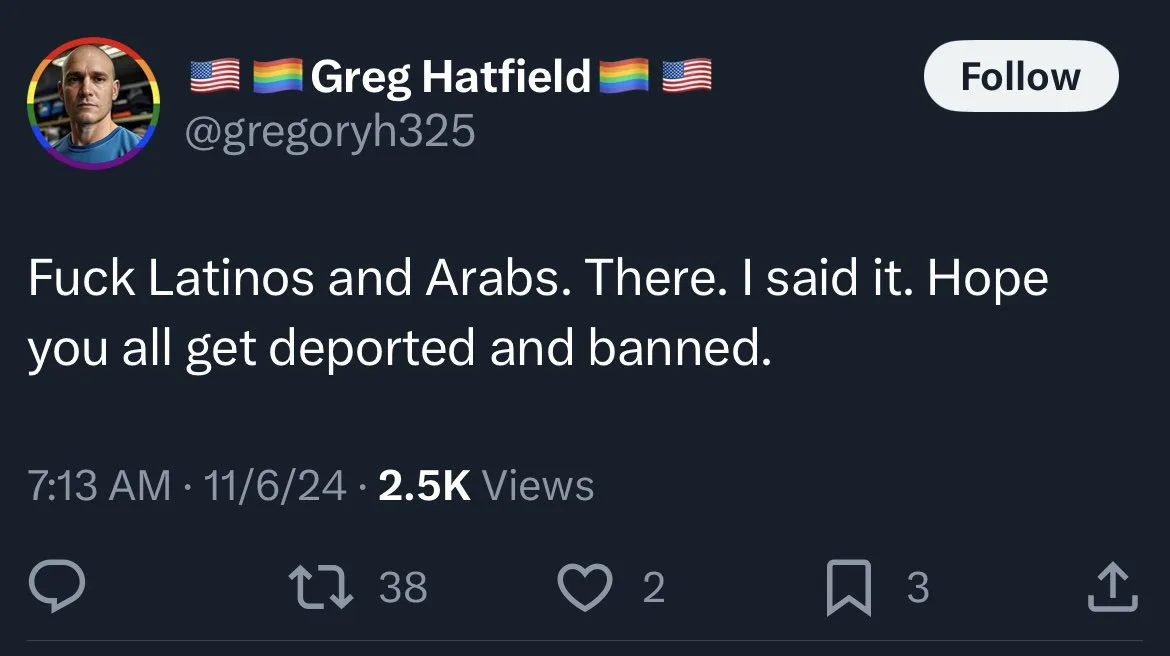 A screenshot of a social media post by user Greg Hatfield, whose profile picture is a man with a serious expression. The…