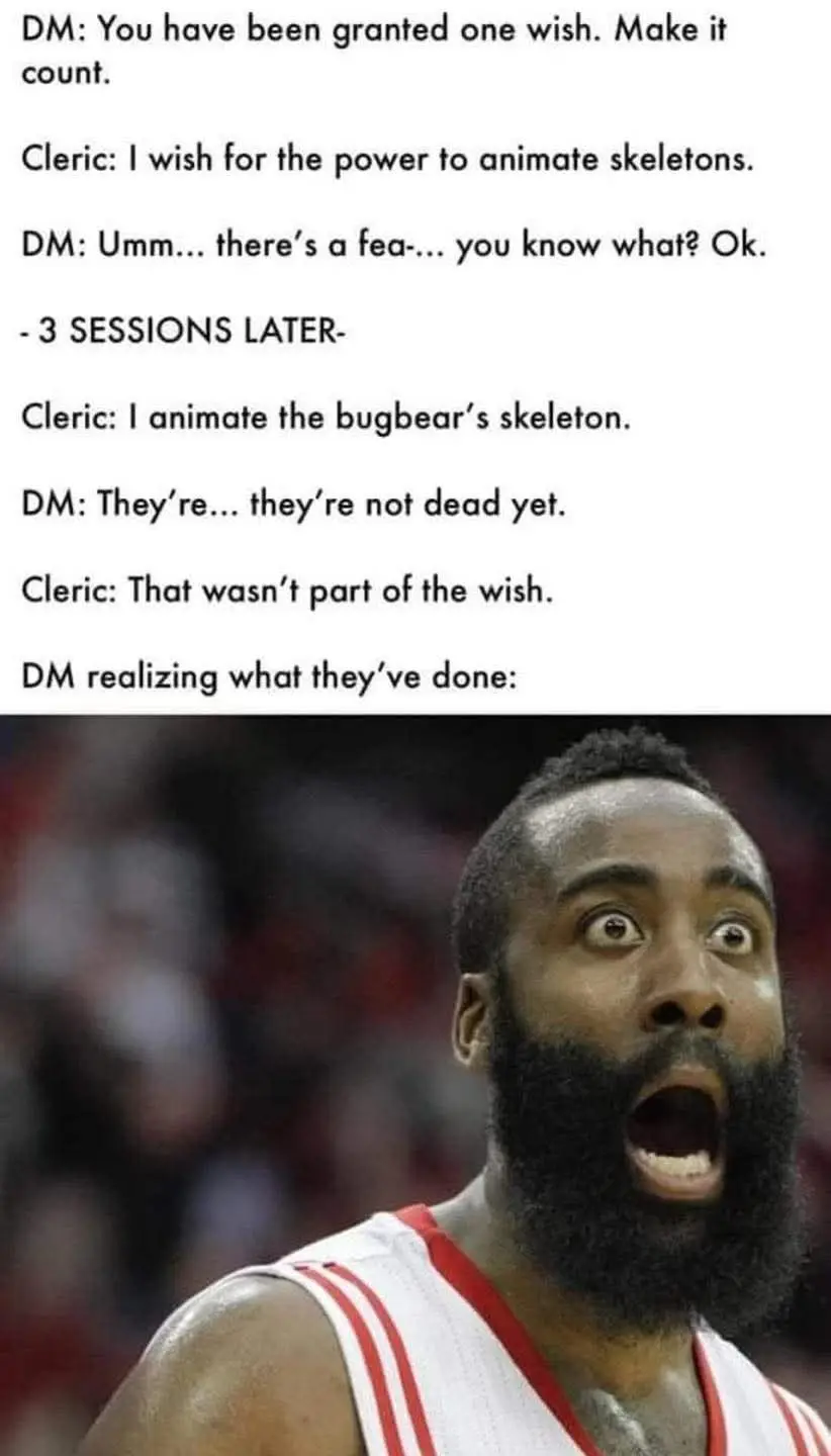 The image displays a text-based narrative about a Dungeons & Dragons scenario where a cleric wishes to animate skeletons…