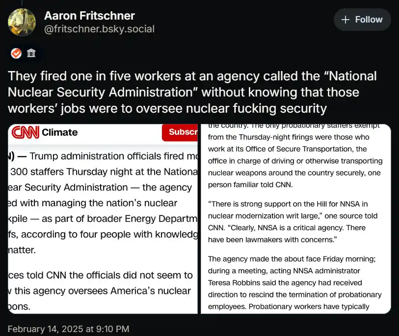 A screenshot of a tweet by Aaron Fritschner shows a CNN article about firing workers at the National Nuclear Security…