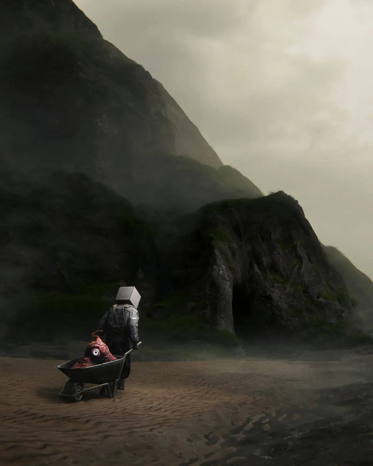 A person wearing a box-like helmet and dark clothing pushes a wheelbarrow containing a red, one-eyed, slug-like creature…