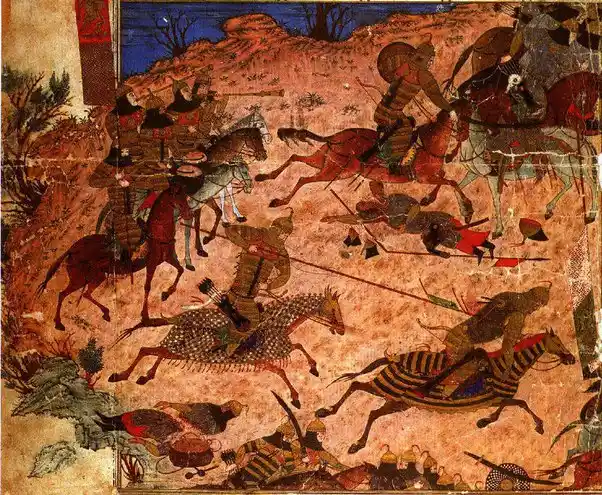 a historical painting depicts a chaotic medieval battle with mounted warriors in armor clashing on a barren hillside, some…