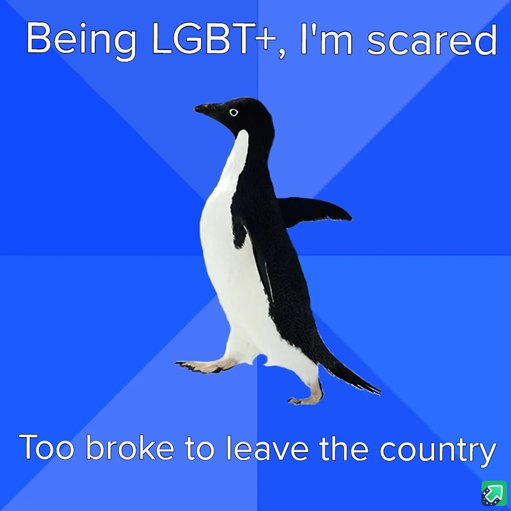 A black-and-white penguin stands against a blue background with diagonal light rays. Text at the top reads 'Being LGBT+, I'm…