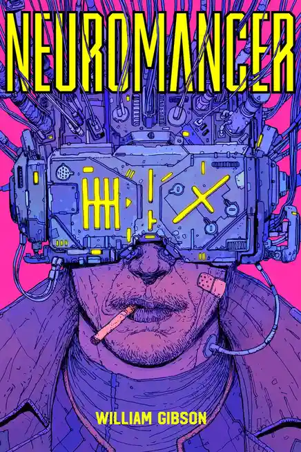 The image is the cover art for William Gibson's novel 'Neuromancer,' depicting a man with a cybernetic head implant and…