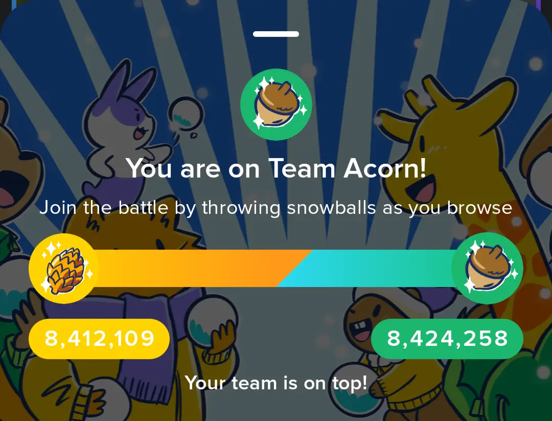 A screenshot from a mobile game interface showing a team battle screen. The player is on 'Team Acorn', indicated by an acorn…