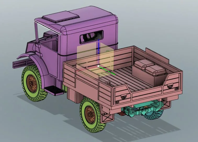 a 3d computer-aided design (cad) rendering of a vintage-style purple truck with green tires, showing its bed with a…