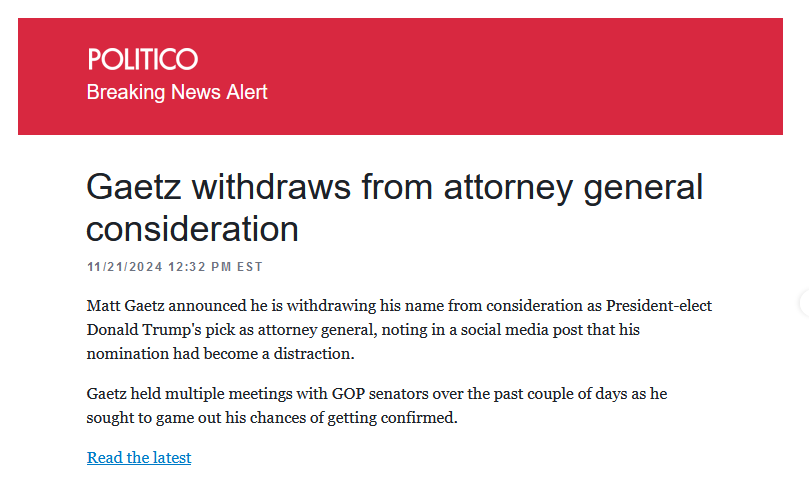 A screenshot of a Politico news article with a red header reading 'POLITICO Breaking News Alert'. The headline reads 'Gaetz…