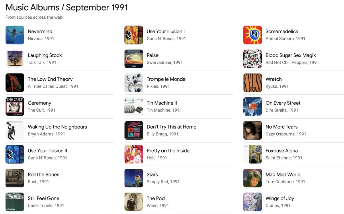 A screenshot of a web page titled 'Music Albums / September 1991' lists various albums from that month, including…
