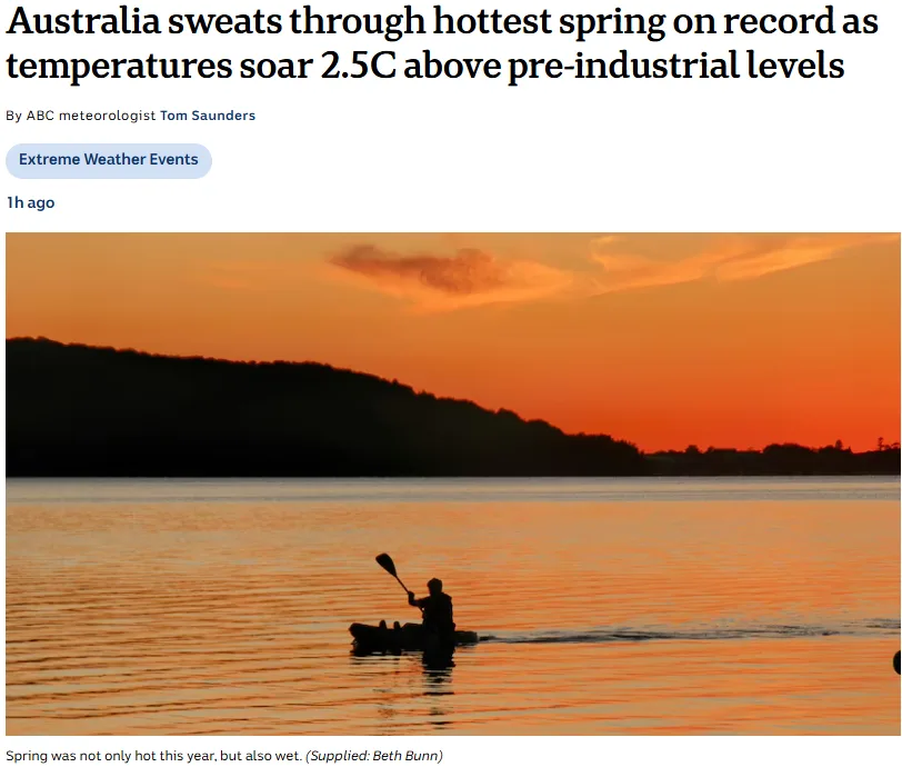 A news article headline about Australia's record-breaking hot spring is overlaid on a photo of a person paddling a canoe at…