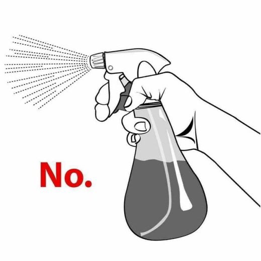 A black-and-white line drawing shows a hand holding a spray bottle with a dark liquid inside, spraying a mist. The word…