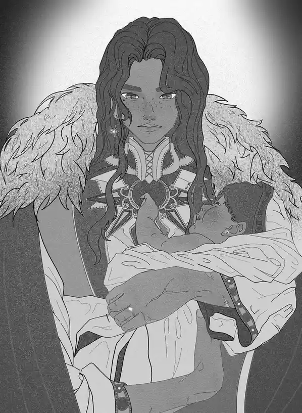 A grayscale illustration shows a person with long hair and angelic wings, wearing ornate armor and holding a sleeping baby…