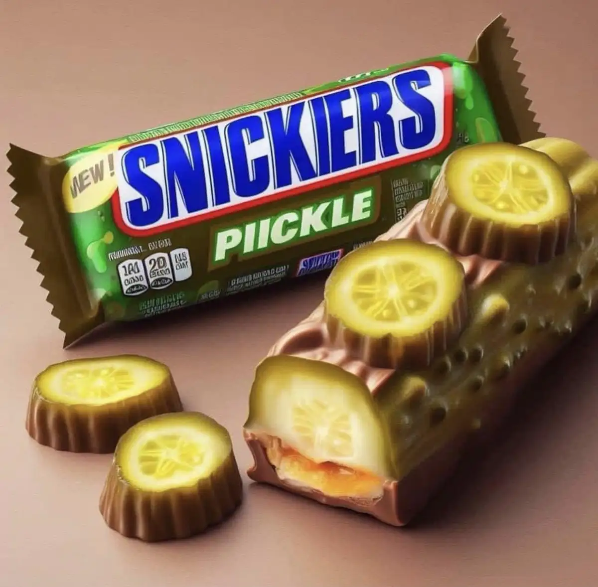 A digitally altered image shows a Snickers candy bar with its wrapper labeled 'NEW! SNICKERS PICKLE'. The bar itself is…