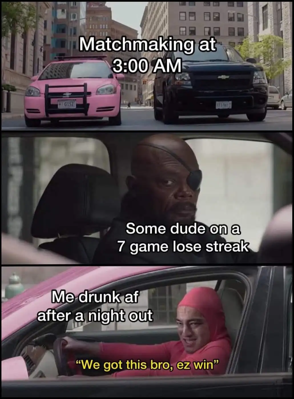 The meme is a three-panel image from the movie 'The Avengers'. The top panel shows a pink taxi and a black SUV facing each…