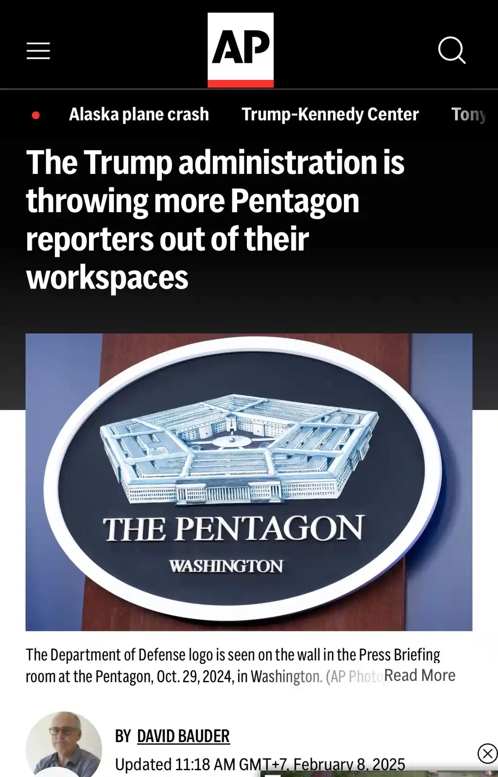 An Associated Press news article screenshot shows a photo of the Pentagon logo plaque on a wooden wall. The headline reads…