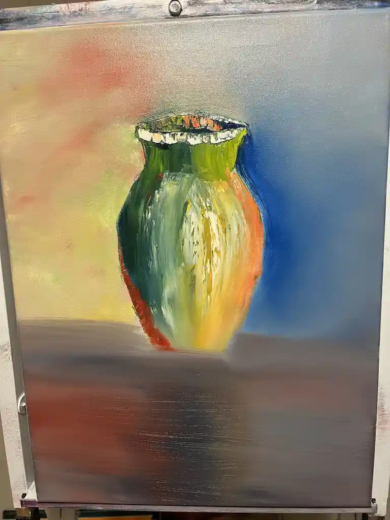 A painting of a colorful vase on an easel, with visible brushstrokes and a gradient background. The overlaid text reads 'i'm…
