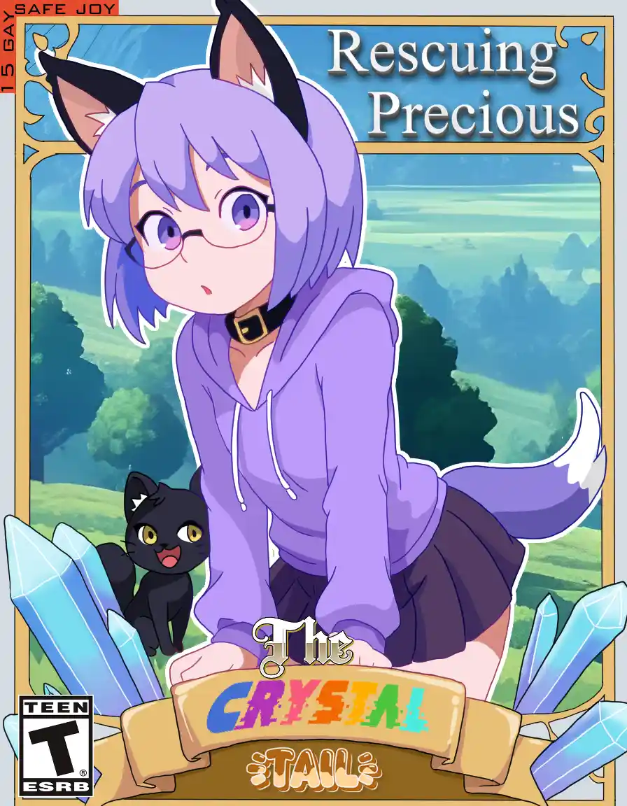 An anime-style game cover shows a purple-haired girl with cat ears and a tail, wearing glasses and a purple hoodie, kneeling…