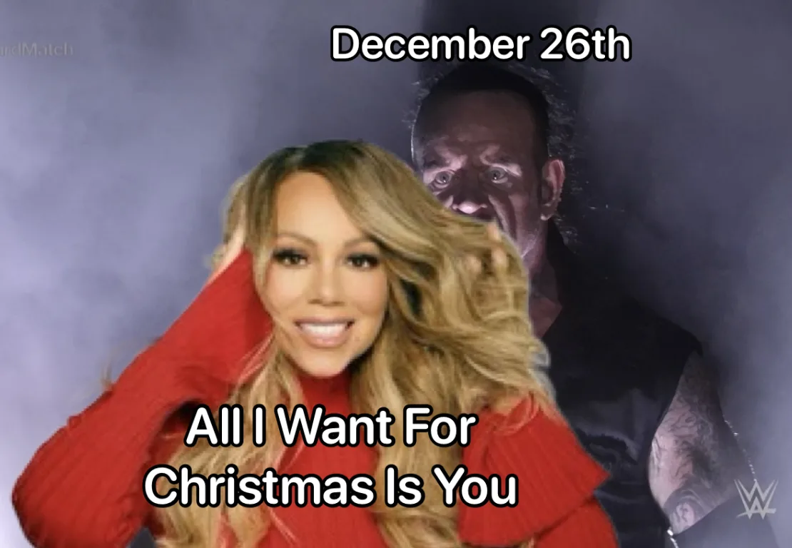 A woman in a red sweater smiles while text reads 'All I Want For Christmas Is You'. Behind her, a man with a menacing…