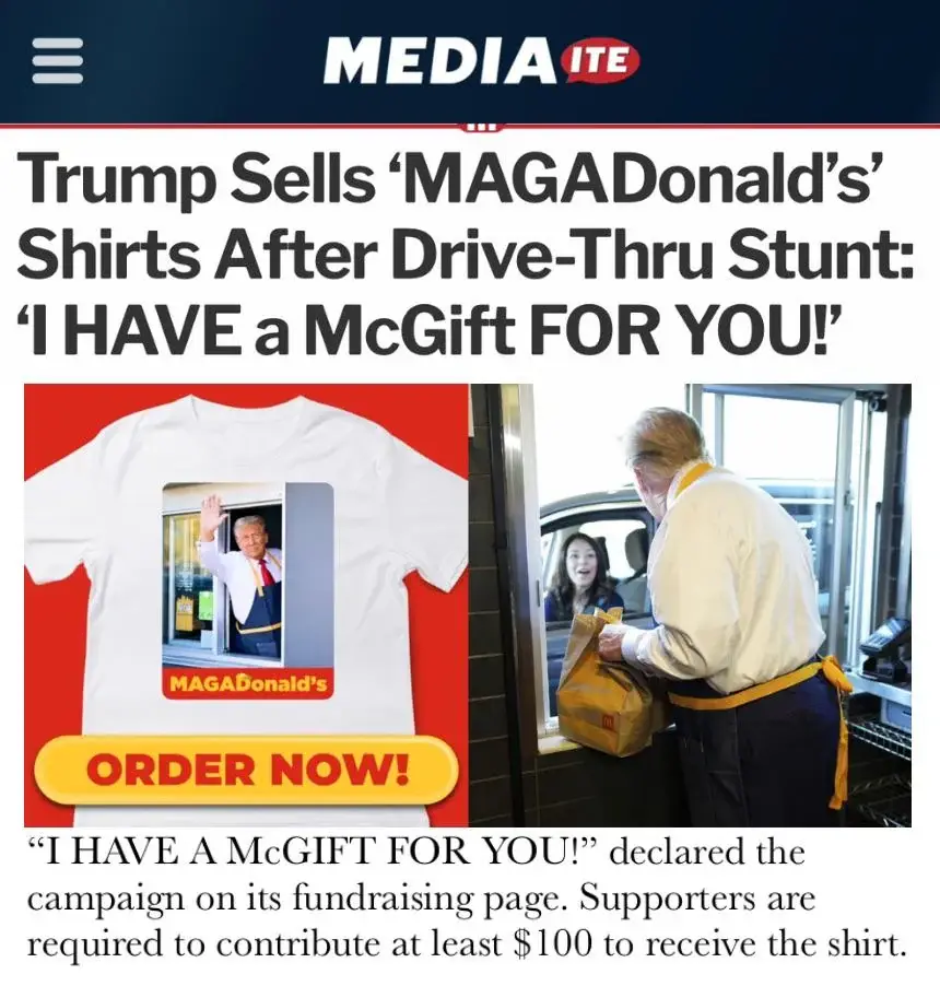 A news article screenshot from Mediaite shows a split image: on the left, a white t-shirt with a photo of Donald Trump…