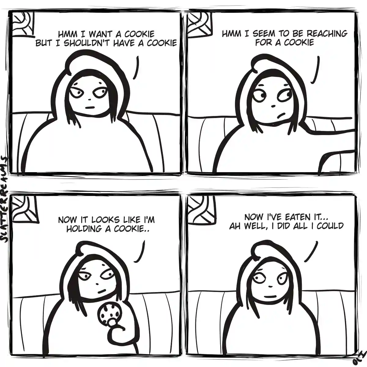 A four-panel black-and-white comic strip shows a person in a hoodie sitting on a couch. In the first panel, they contemplate…