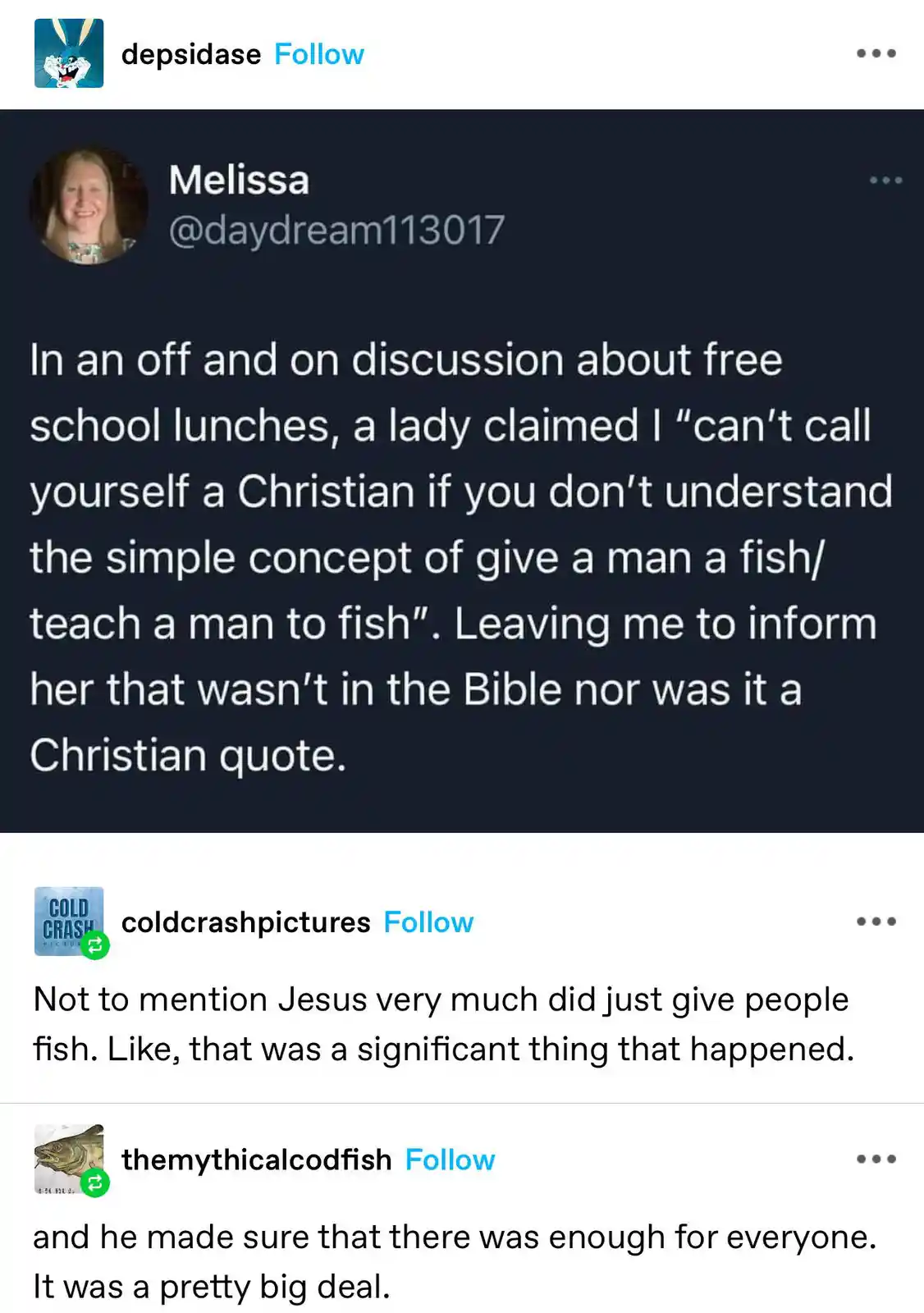 A screenshot of a Twitter thread where Melissa shares that someone claimed she can't call herself Christian unless she…