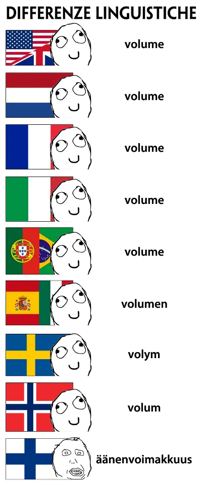 A vertical list shows cartoon faces next to national flags, each paired with a different word for 'volume' in that language…