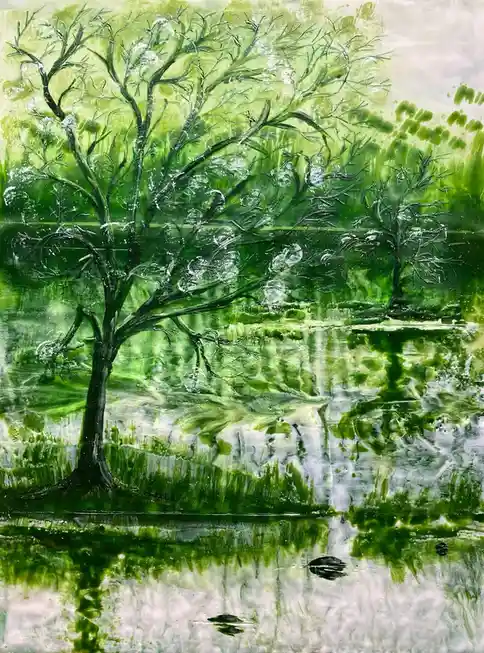 A painting of two leafless trees reflected in water, rendered in textured greens and whites. The overlaid text reads 'i'm…