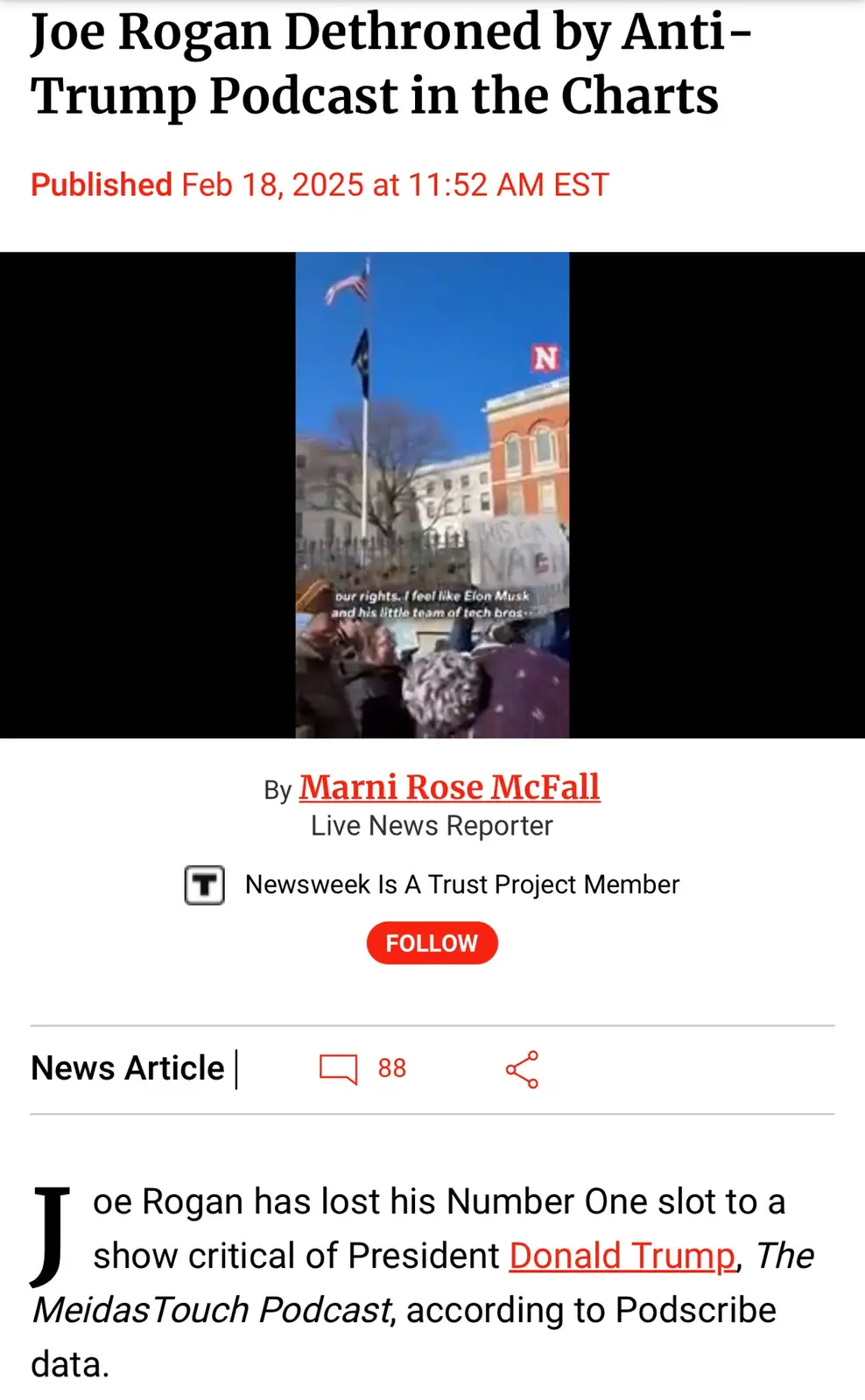 A screenshot of a Newsweek article from Feb 18, 2025, with a headline claiming Joe Rogan lost his #1 podcast spot to 'The…