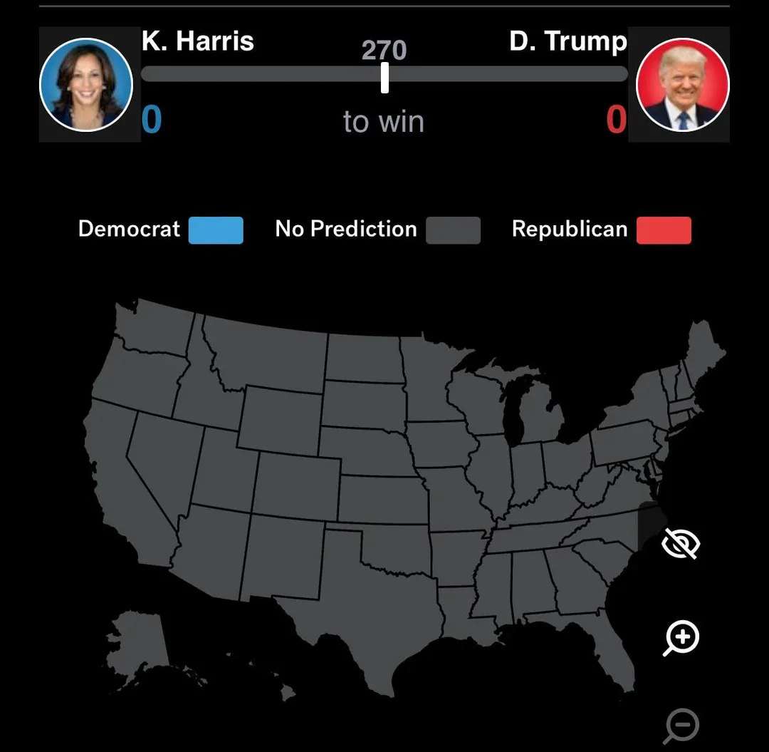 A screenshot of a U.S. election prediction map interface showing Kamala Harris and Donald Trump both at 0 electoral votes…