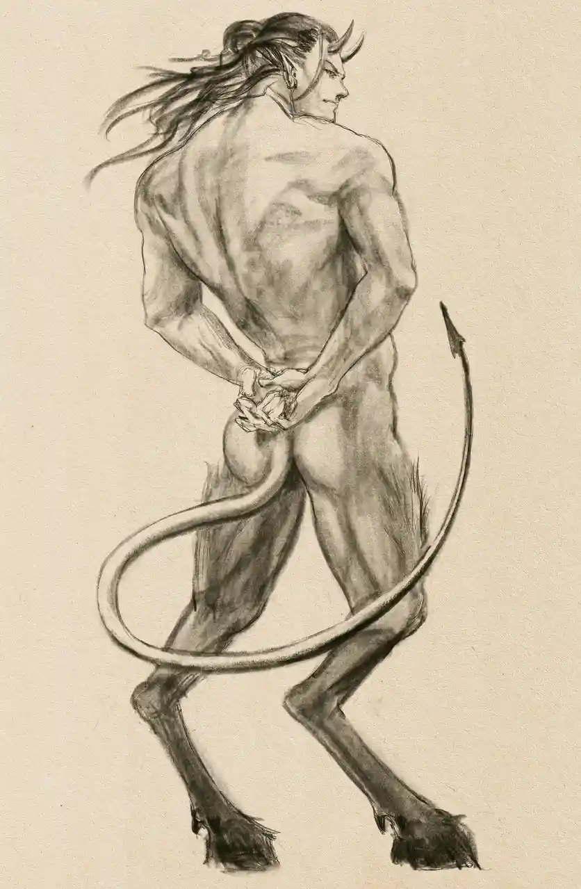 A charcoal sketch depicts a muscular, horned, tail-wielding humanoid figure viewed from behind, standing with hands clasped…