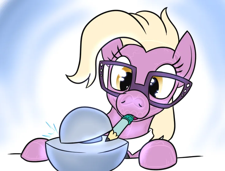 a cartoon pink pony with blonde hair and purple glasses is intensely focused on sharpening a pencil inside a silver pencil…