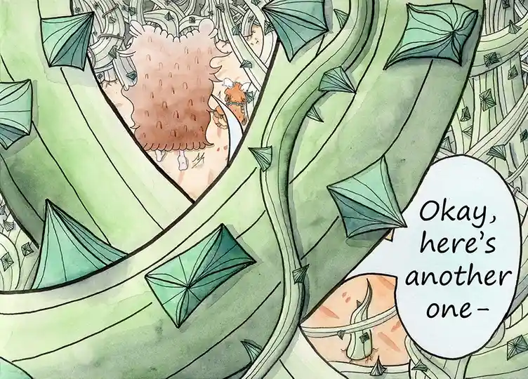 An illustration shows a character with a brown, spiky, furry back and orange hair, partially obscured by large green vines…