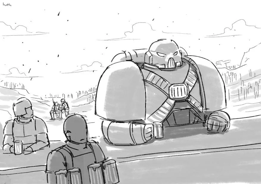 A black-and-white sketch shows a large, armored, skull-faced robot sitting at a bar, holding a mug. In front of it, two…