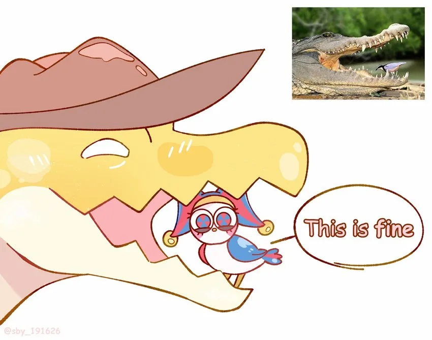 A cartoon bird with wide, panicked eyes sits inside the open mouth of a large, smiling crocodile wearing a cowboy hat. In…