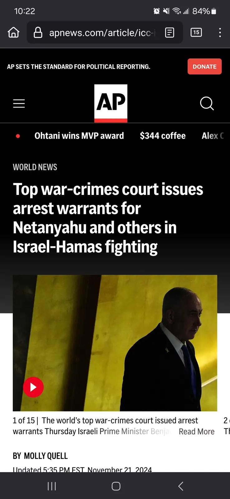 A screenshot of an AP News article headline about arrest warrants issued for Israeli Prime Minister Netanyahu. The image…