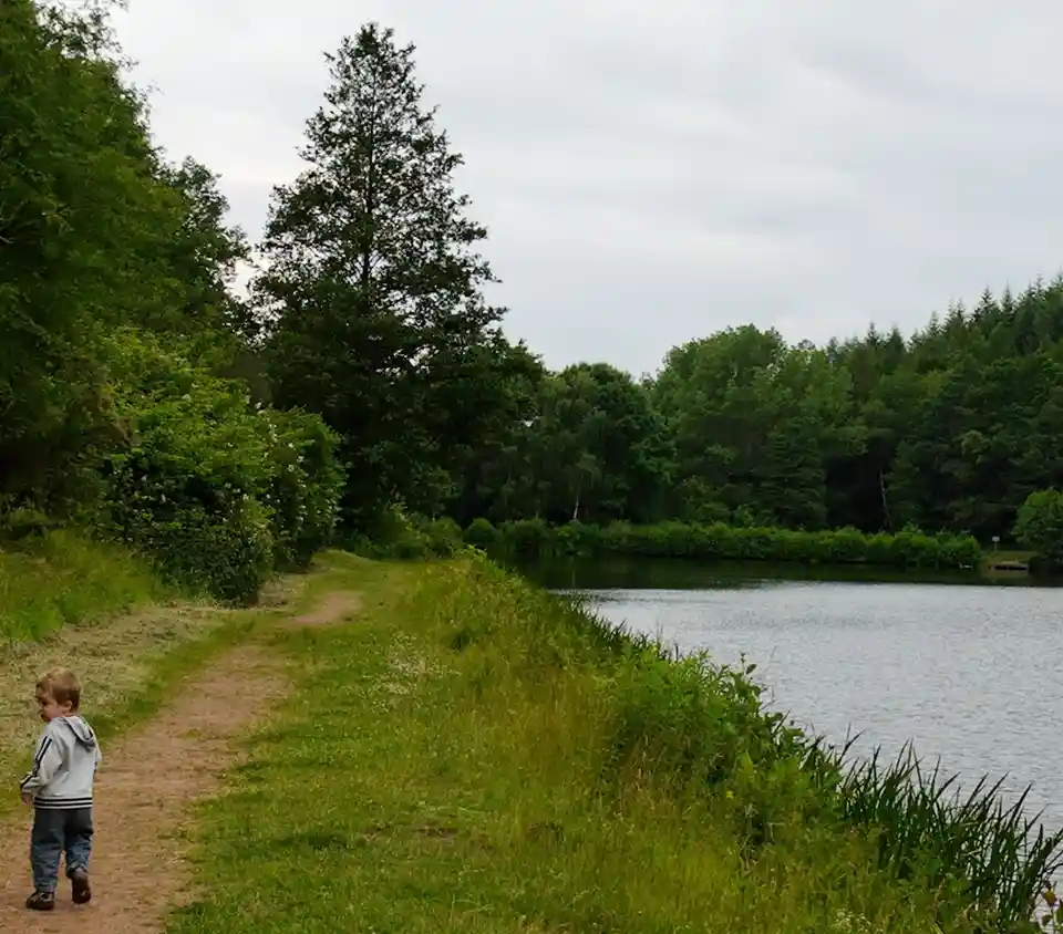 A young child walks along a dirt path beside a calm lake, surrounded by lush green trees and vegetation under an overcast…