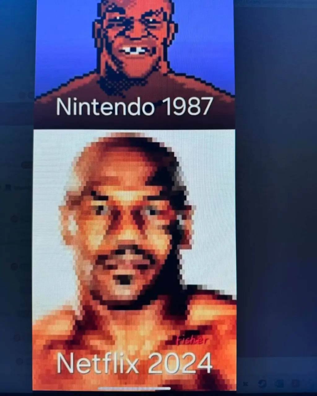 The image displays two pixelated portraits stacked vertically. The top portrait shows a muscular man with a wide grin…
