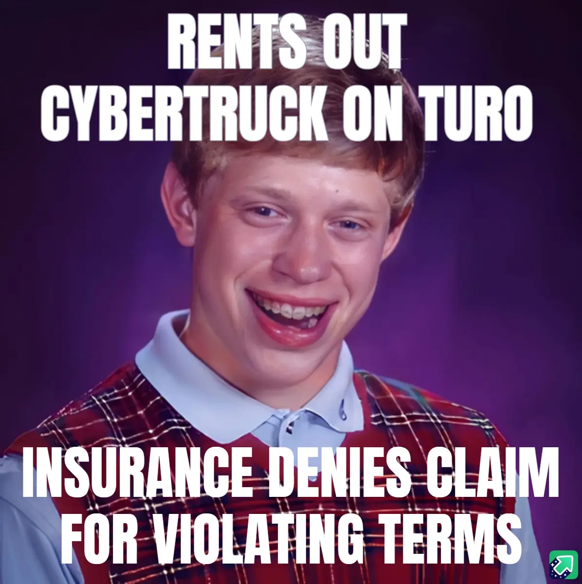 The image features the well-known 'Bad Luck Brian' meme template, showing a young man with a wide, awkward grin wearing a…