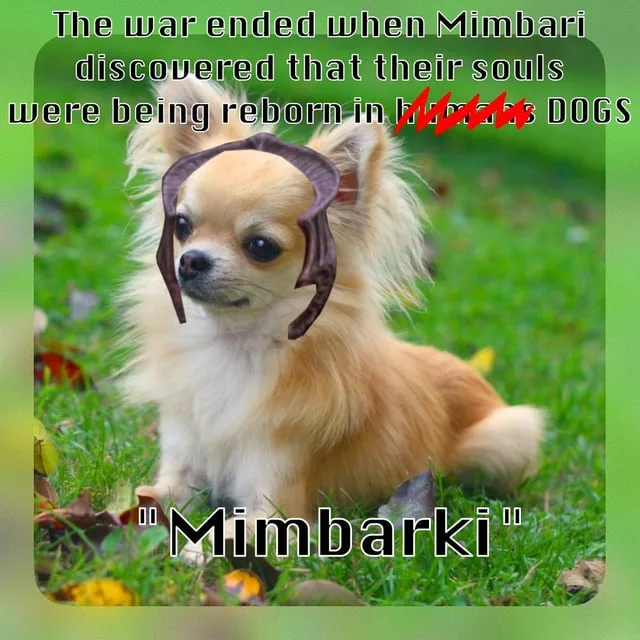 A small, fluffy chihuahua sits on green grass with scattered leaves, wearing a brown, stylized headpiece resembling a helmet…