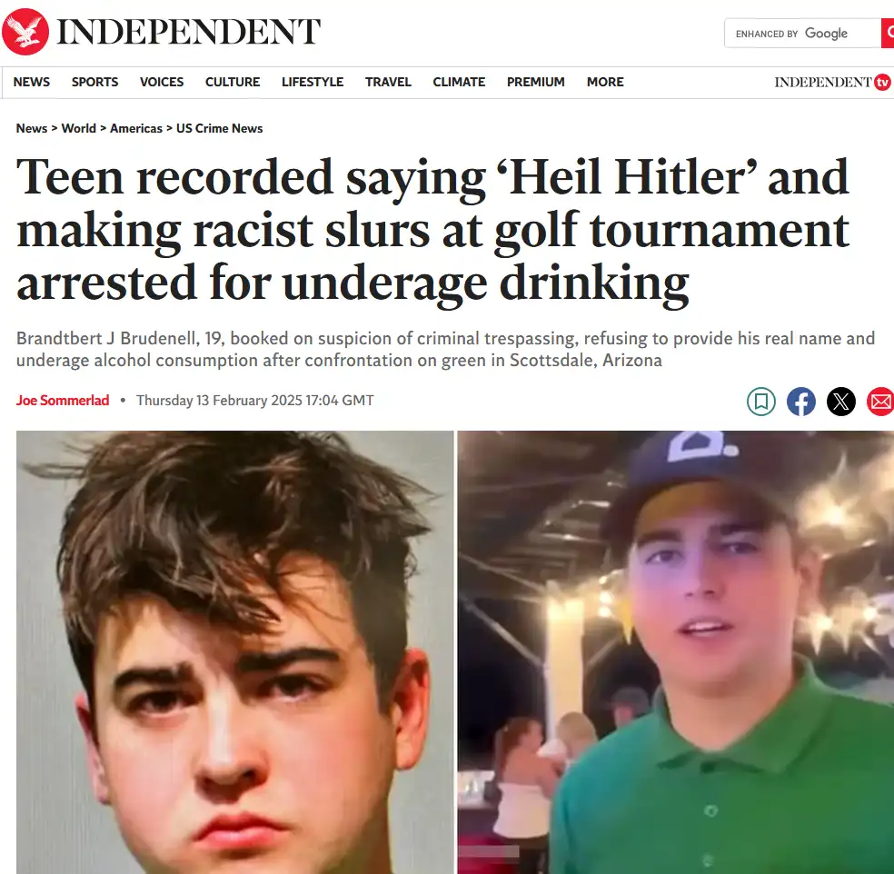 A news article screenshot from the Independent shows a mugshot of a young man on the left and a video still of him wearing a…