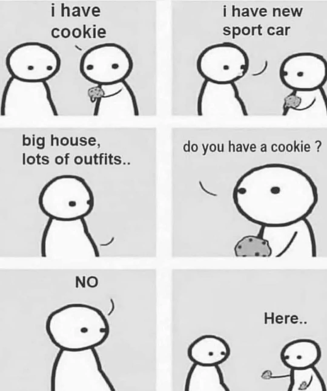 A six-panel comic strip featuring simple stick figures. One figure boasts about having a cookie, then a sports car, then a…