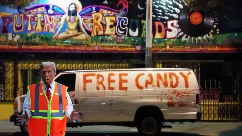 A digitally altered image shows a man in an orange safety vest with a shocked expression in front of a van that reads 'FREE…