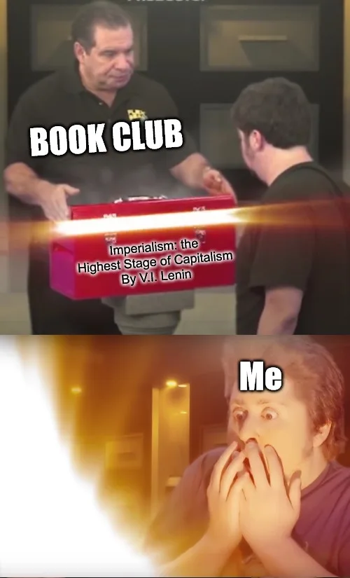 Top panel: A man in a black polo shirt presents a red book titled 'Imperialism: the Highest Stage of Capitalism By V.I…