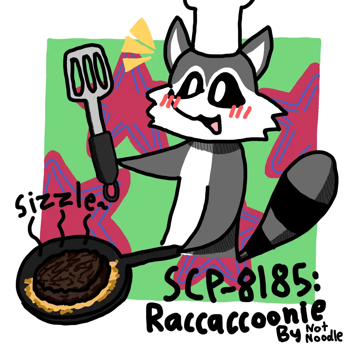 A cartoon raccoon with a chef's hat and apron is happily holding a spatula over a frying pan with a sizzling burger patty…