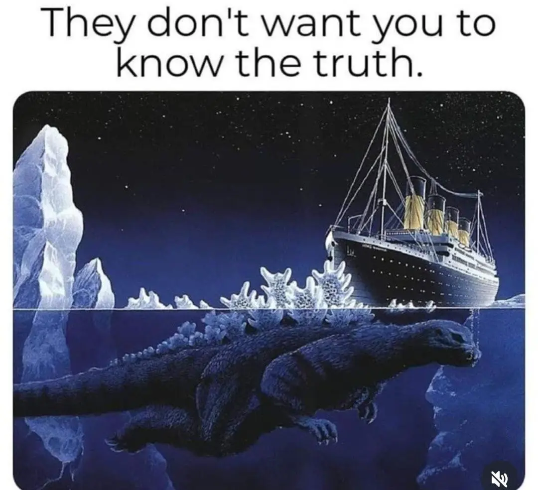 The image shows the RMS Titanic sailing under a starry night sky, with large icebergs nearby. Below the waterline, a giant…