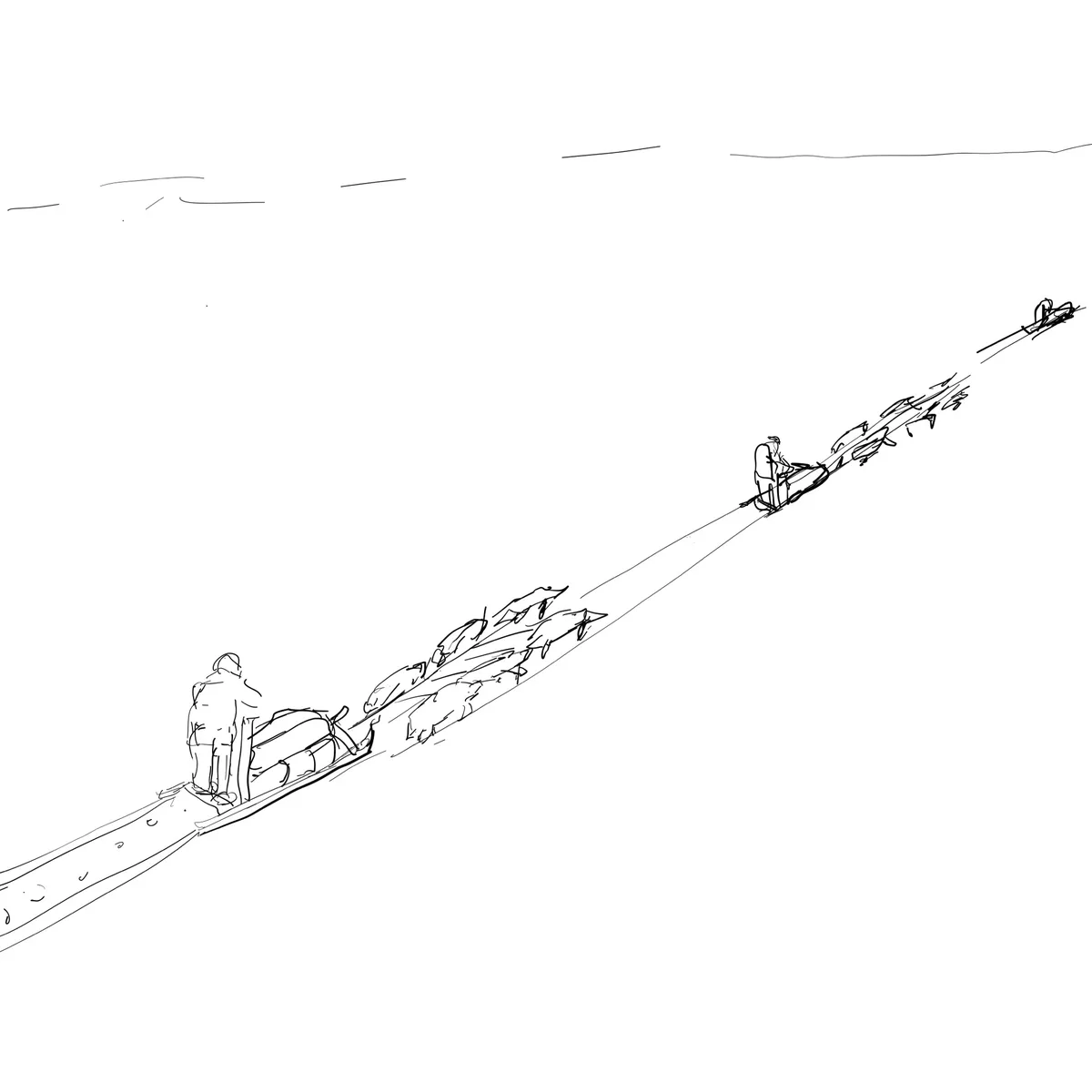 A minimalist black-and-white line drawing shows two figures on a long, diagonal sled or toboggan, pulled by a long line of…