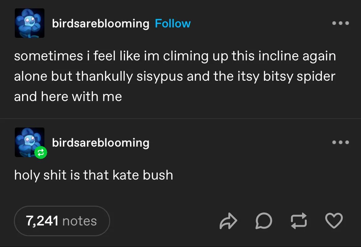 A screenshot of two Tumblr posts by the user 'birdsarebloomimg', showing a dark interface with white text. The first post…