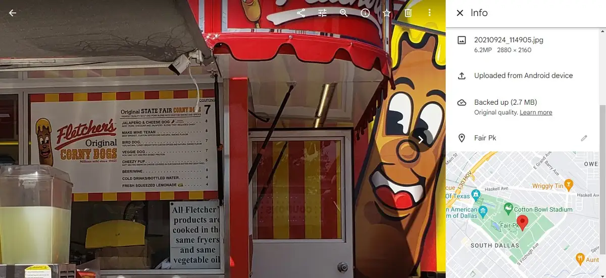 A photo of Fletcher's Corny Dogs food truck with a menu listing items like Jalapeño & Cheese Dog and Bird Dog. A large…