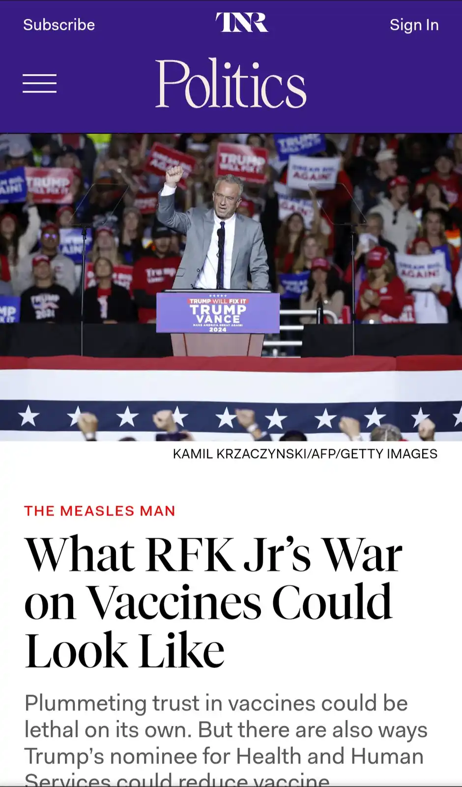 A screenshot of a The New Republic article titled 'What RFK Jr’s War on Vaccines Could Look Like' is overlaid on a photo of…