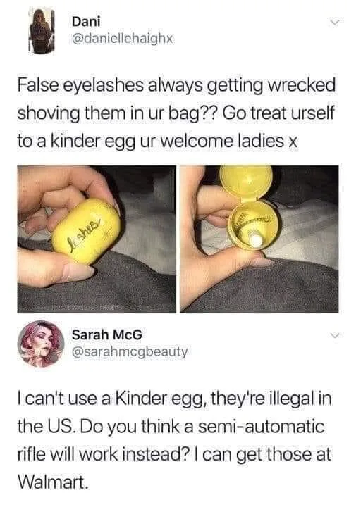 A two-panel image shows a hand holding a yellow Kinder egg wrapper with 'lashes' handwritten on it, then opening it to…