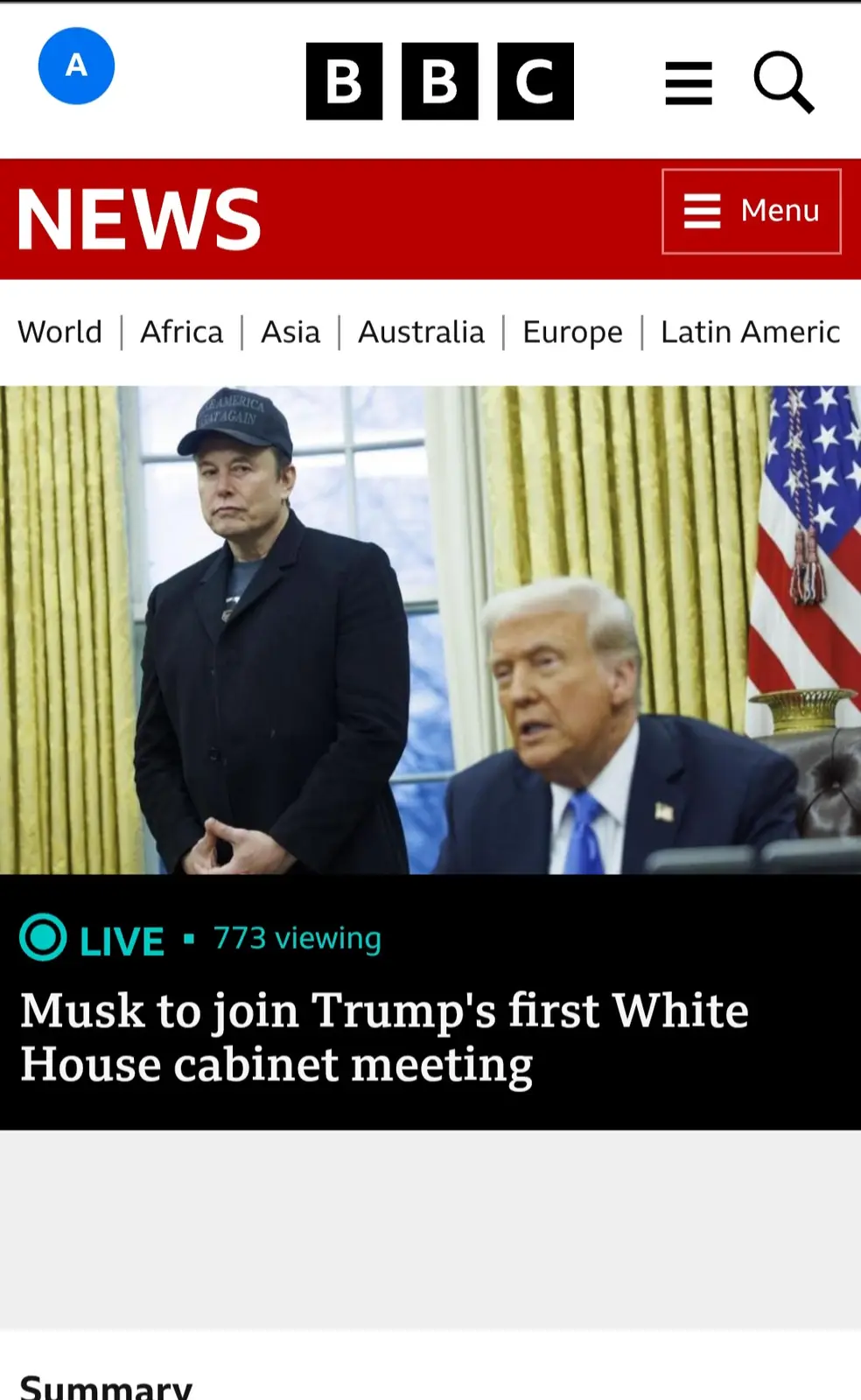A screenshot of a BBC News article shows Elon Musk standing beside Donald Trump in the Oval Office, with Musk wearing a…