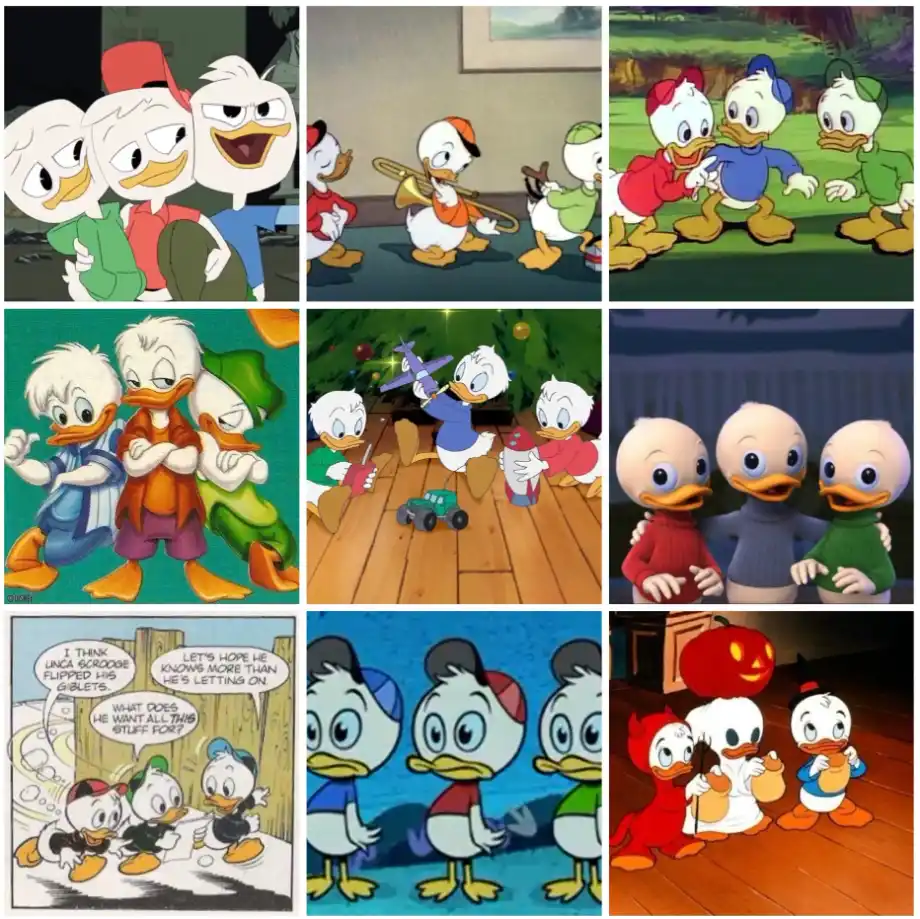 A nine-panel collage of Donald Duck's nephews, Huey, Dewey, and Louie, in various animated scenes showing them together. The…